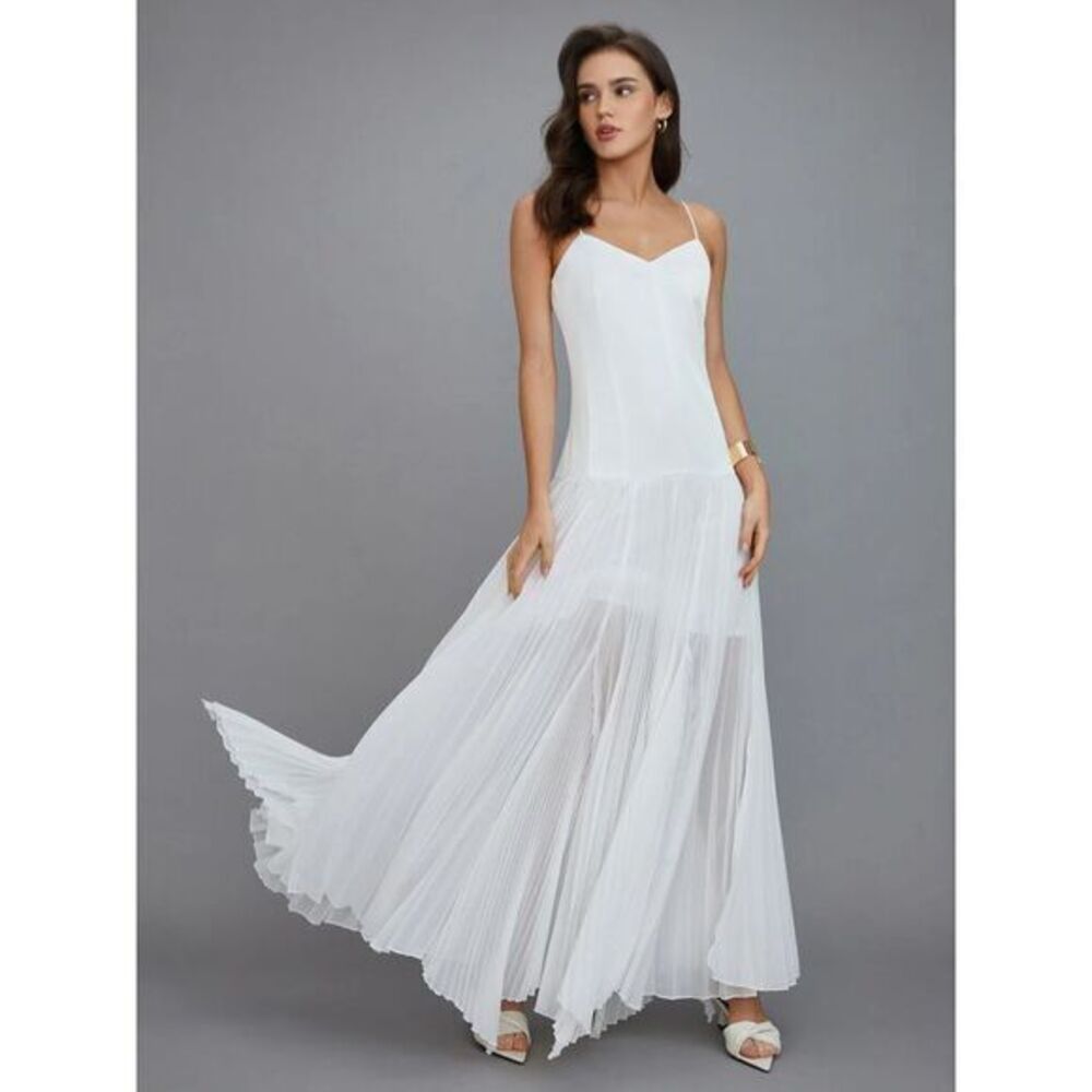 Commense Pleated Flowing Spaghetti Strap‎ Wedding Beach Elegant White Maxi XS